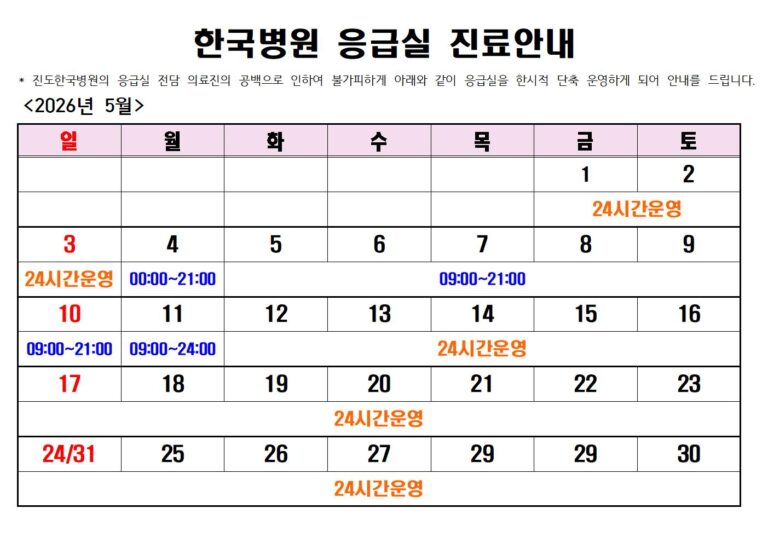 2026년5월 진도한국병원 응급실 운영시간